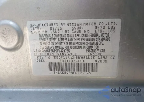 2015 Nissan Versa Note S (Sr)/S Plus/Sl/Sr/Sv z USA, uszkodzony, nr VIN 3N1CE2CP9FL421765